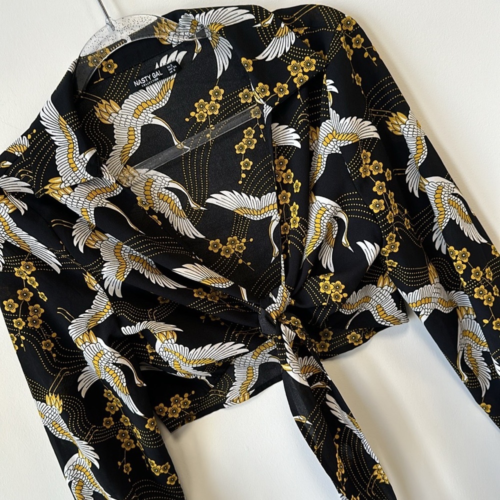 Nasty Gal Sz 2 Boho Birds Long Sleeve Crop Top - Picture 3 of 8